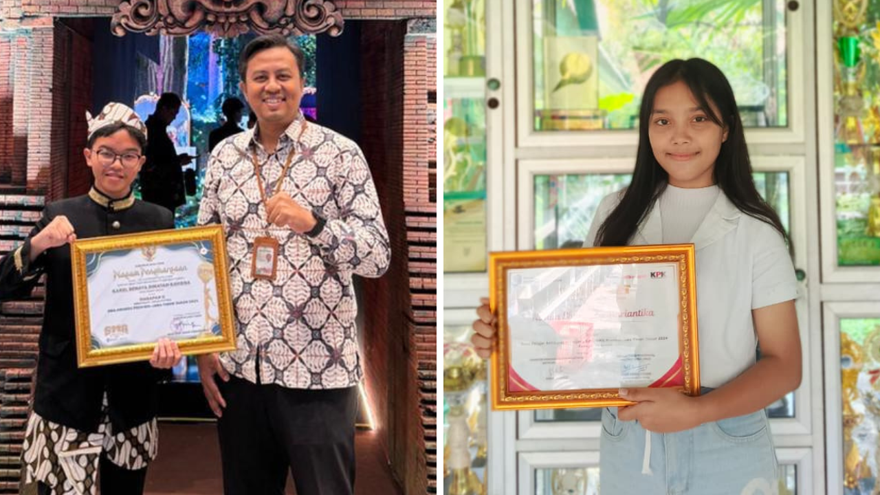 Hebat : Kepala SMA Semen Gresik, Choirul Fauzi bersama siswanya, Karel Benaya saat menerima penghargaan SMA Award beberapa waktu lalu. Insert : Kesya Silvana Putri berhasil menjadi Duta Anti Korupsi.