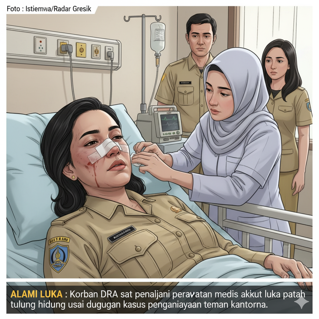 ALAMI LUKA : ilustrasi Korban DRA saat menjalani perawatan medis akibat luka patah tulang hidung usai dugaan kasus penganiyaan teman kantornya.