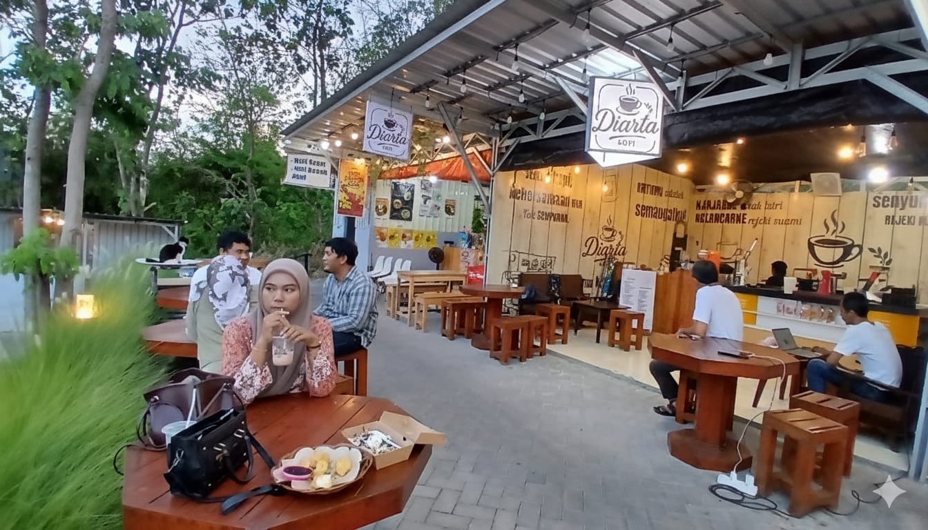 View Senja Terbaik di Gresik! Diarta Kopi di Tanatuju menawarkan pengalaman ngopi dengan pemandangan city light yang romantis.