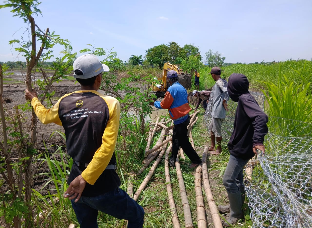 SIGAP : Satgas bencana BPBD Gresik sigap memperbaiki tanggul Kali Lamong.