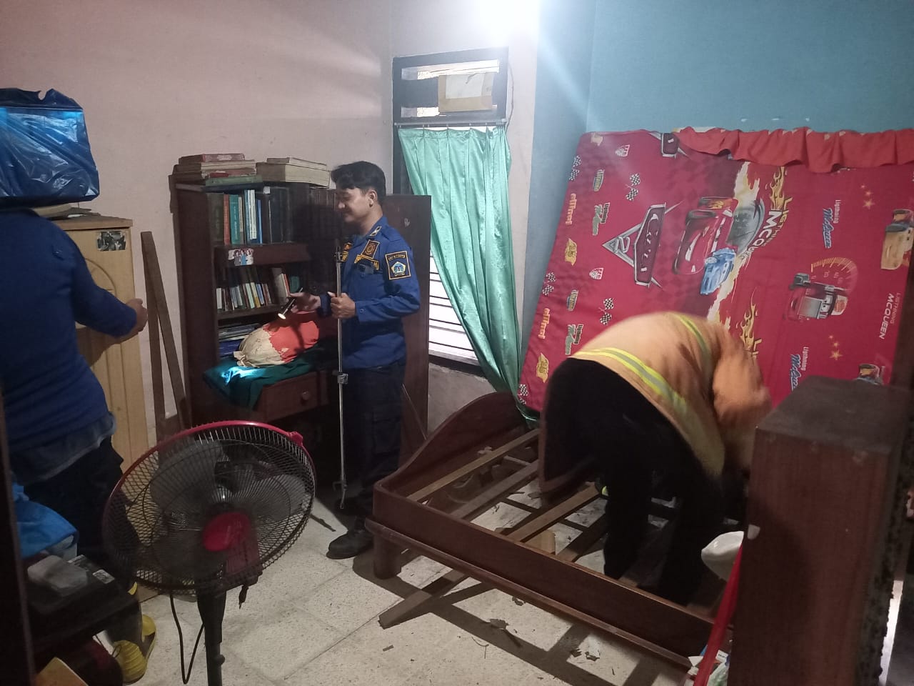 DIEVAKUASI : Petugas Damkarla Pos Driyorejo saat melakukan evakuasi ular di kamar warga di Desa Krikilan, Kecamatan Driyorejo, Gresik.