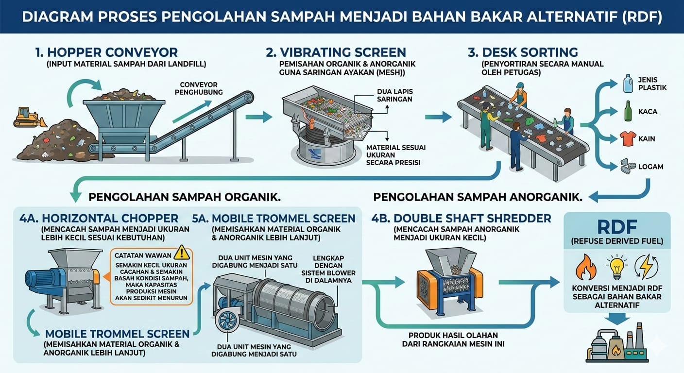 Diagram proses pengelolaan sampah menjadi RDF