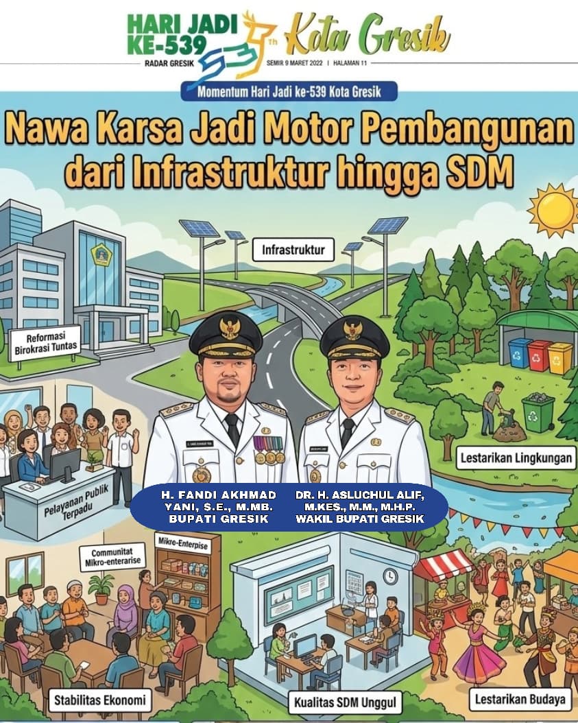 Momentum Hari Jadi tahun ini menjadi pijakan bagi Pemkab Gresik untuk menghadirkan pelayanan publik yang lebih baik dan pembangunan yang merata di semua sektor. Dari rakyat, oleh rakyat, untuk Gresik.