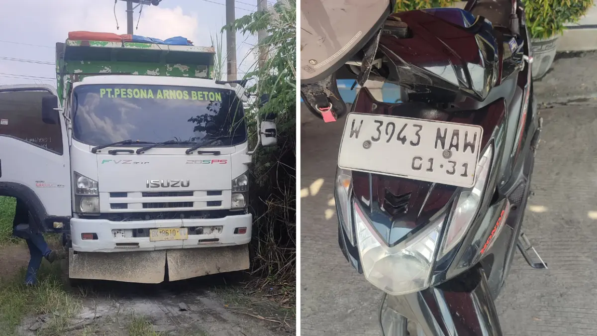 Ringsek : Kendaraan sepeda motor dan truk yang terlibat kecelakaan terlihat ringsek usai tabrakan dengan Truk di Jalan Raya Legundi. (Ist/Radar Gresik) 