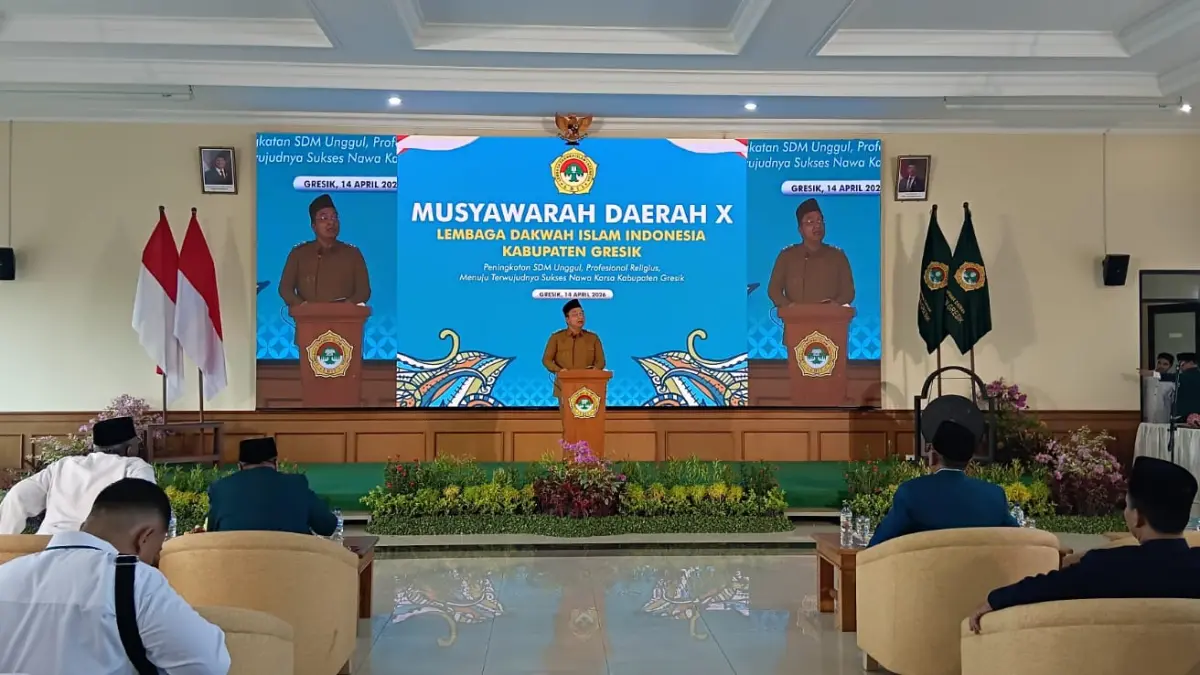 Wakil Bupati Gresik, dr. Alif saat memberikan sambutan di Musda X LDII Gresik, Selasa (14/4/2026).