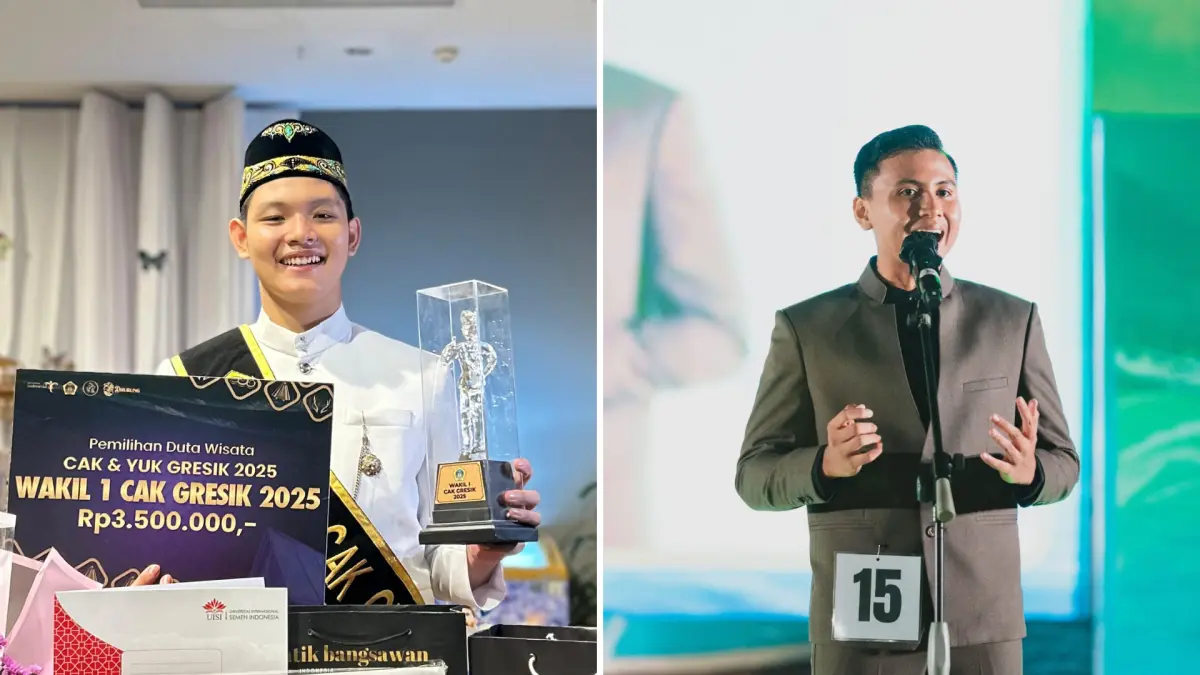 Hebat : Marvin Achyo Budi Santoso (kiri) dan Giovanni Galen Pandya Kumara Esti Probo Laksono (kanan), meraih prestasi gemilang dalam ajang pemilihan Duta Wisata Cak Yuk Gresik 2025. (Dok/Radar Gresik) 