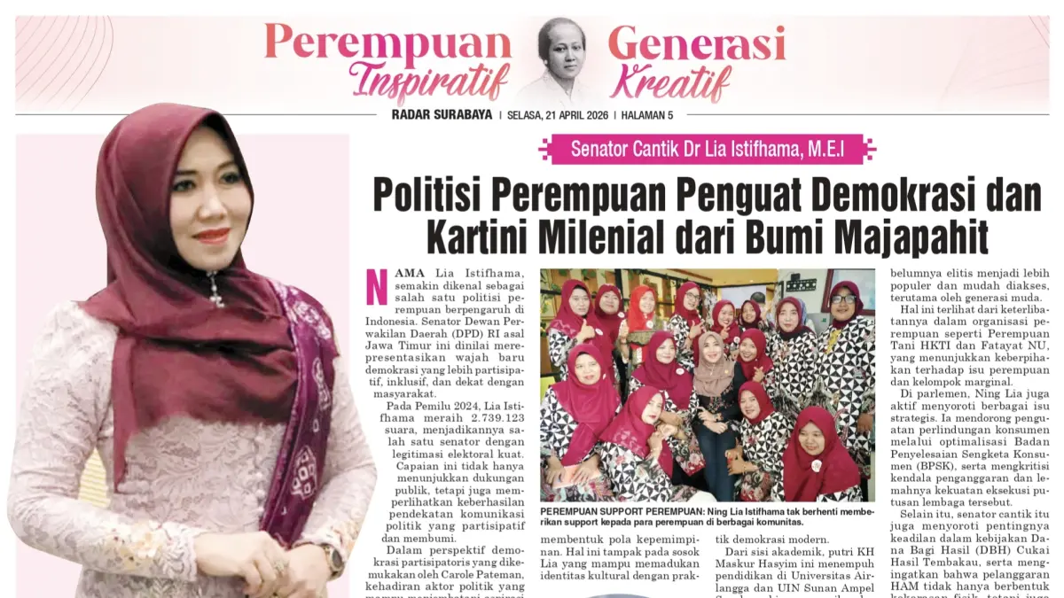 Cantik: Senator Jatim Lia Istifhama tampil menawan dengan kebaya dan batik.&nbsp;(Dok/Radar Gresik) 