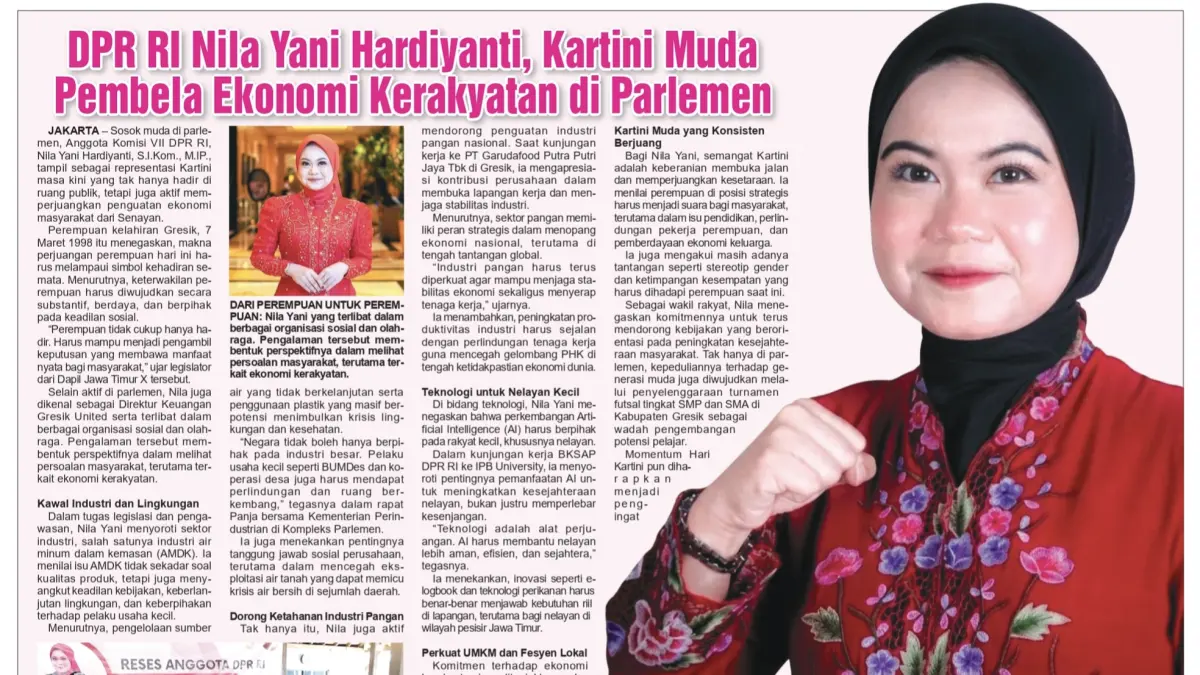 KARTINI MUDA: Nila Yani Hardiyanti berjuang di senayan untuk mengawal ekonomi masyarakat khususnya di Gresik dan Lamongan.