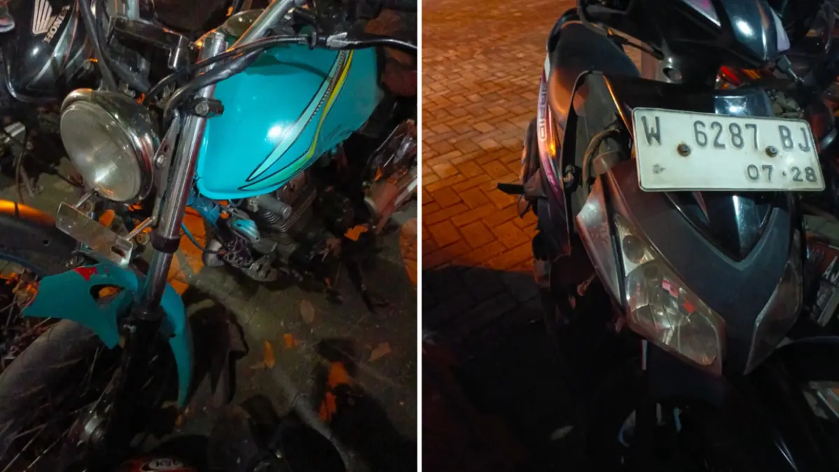 Adu Banteng : Dua kendaraan sepeda motor yang mengalami kecelakaan di Jalan Desa Kedamean diamankan polisi sebagai barang bukti. (Ist/Radar Gresik) 