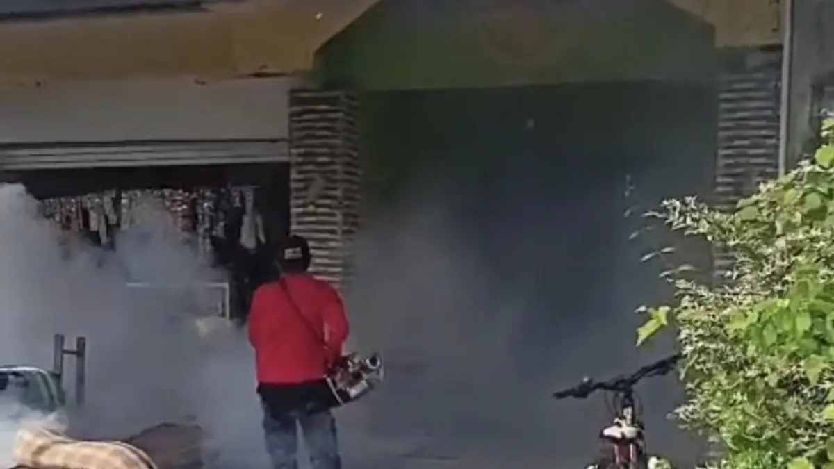 Pengasapan: Petugas Puskesmas Balongpanggang saat melakukan fogging di area pemukiman warga Desa Pucung untuk membasmi sarang nyamuk. (Fajar/Radar Gresik) 
