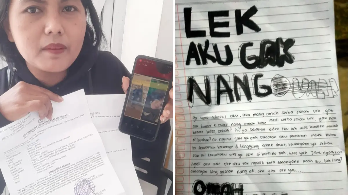 Melapor: Ibu korban saat menunjukkan surat bukti laporan resmi terkait anaknya yang hilang di Polsek Driyorejo dan Polres Gresik. (Istimewa/Radar Gresik)