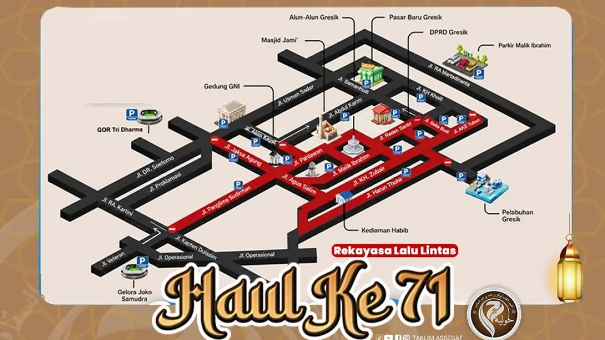 Ruas jalan untuk titik parkir dalam pelaksanaan Haul 71 Al Qutb Al-Habib Abu Bakar bin Muhammaf bin Umar Assegaf. (Ist/Radar Gresik) 