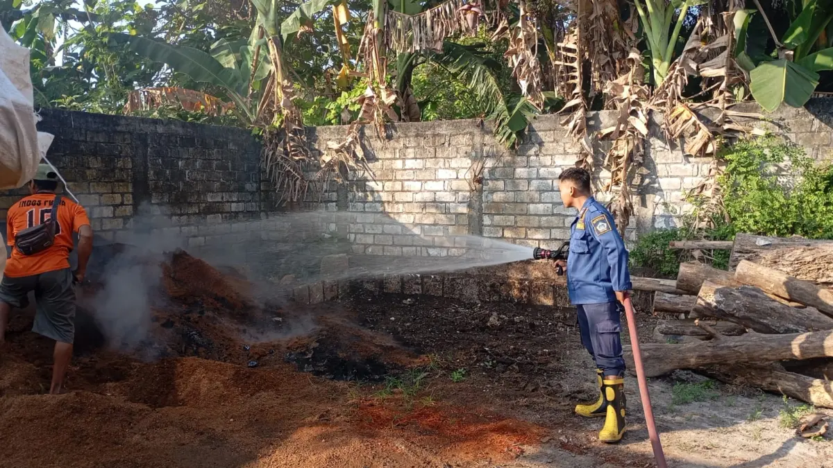Berjibaku : Petugas Damkar Gresik saat melakukan pemadaman api yang membakar tumpukan serbuk kayu palet terbakar di Desa Lowayu, Kecamatan Dukun, Gresik. (Foto : Ist/Radar Gresik) 
