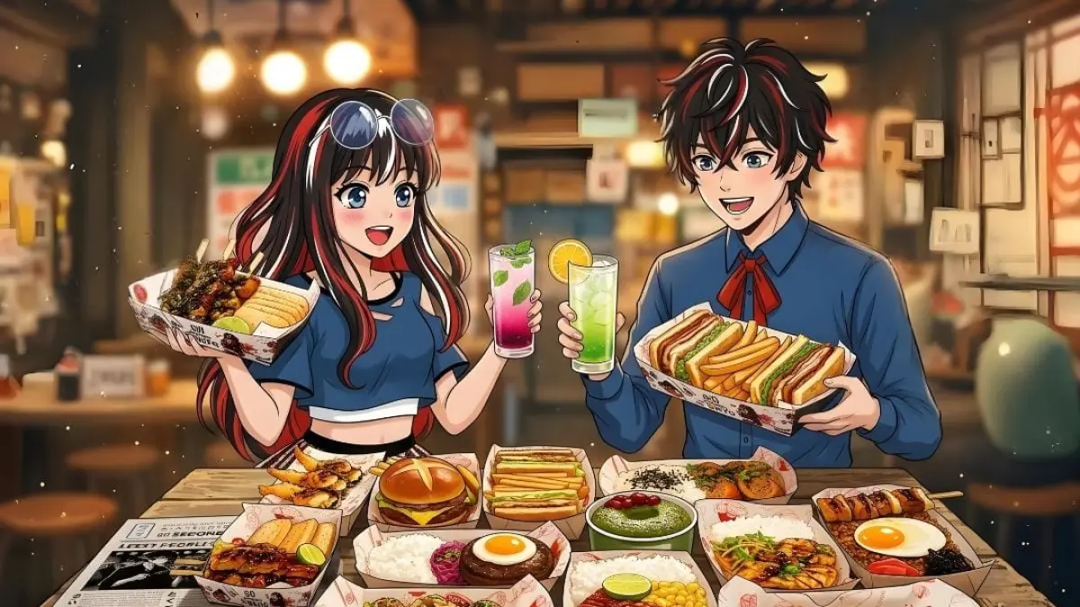 Dua karakter ikonik, Ren dan Reina, saat bersantai menikmati kelezatan ragam menu Japanese street food dalam peluncuran program "60 Seconds to Tokyo" di Aston Gresik Hotel & Conference Center. (Foto : Ist/Radar Gresik) 