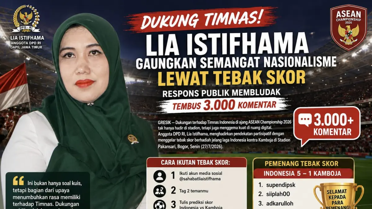 DUKUNG TIMNAS: Anggota DPD RI Lia Istifhama saat menggaungkan semangat nasionalisme dan dukungan untuk Timnas Indonesia melalui program interaktif digital. (Foto : Ist/Radar Gresik) 