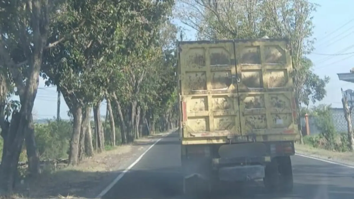 JALUR: Truk angkutan material galian C tampak melintas di jalur Pantura Kabupaten Gresik tanpa dilengkapi penutup terpal. (Foto : Ist/Radar Gresik) 