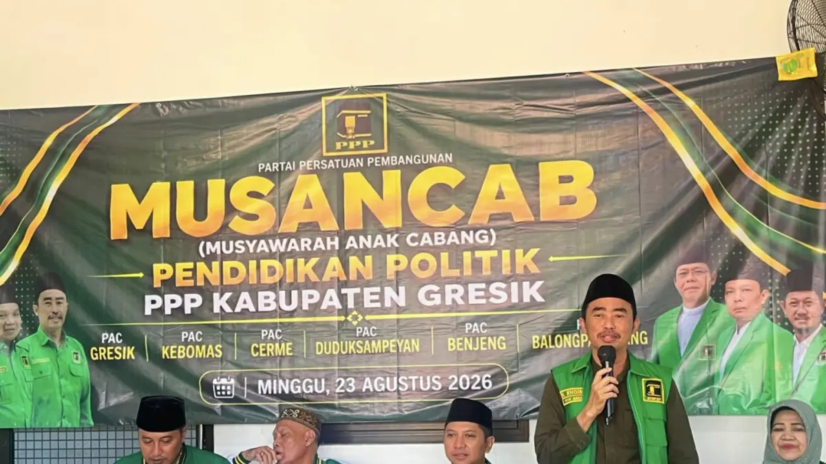 MUSANCAB : Ketua DPC PPP Kabupaten Gresik, Khoirul Huda saat Musancab serentak di Gresik. (Foto : Fajar/Radar Gresik) 