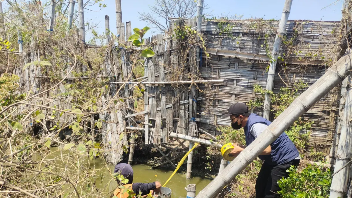 DISEGEL : DLH Gresik saat melakukan penyegelan empat tambak udang di wilayah Kecamatan Ujungpangkah, Gresik. (Foto : Ist/Radar Gresik)
