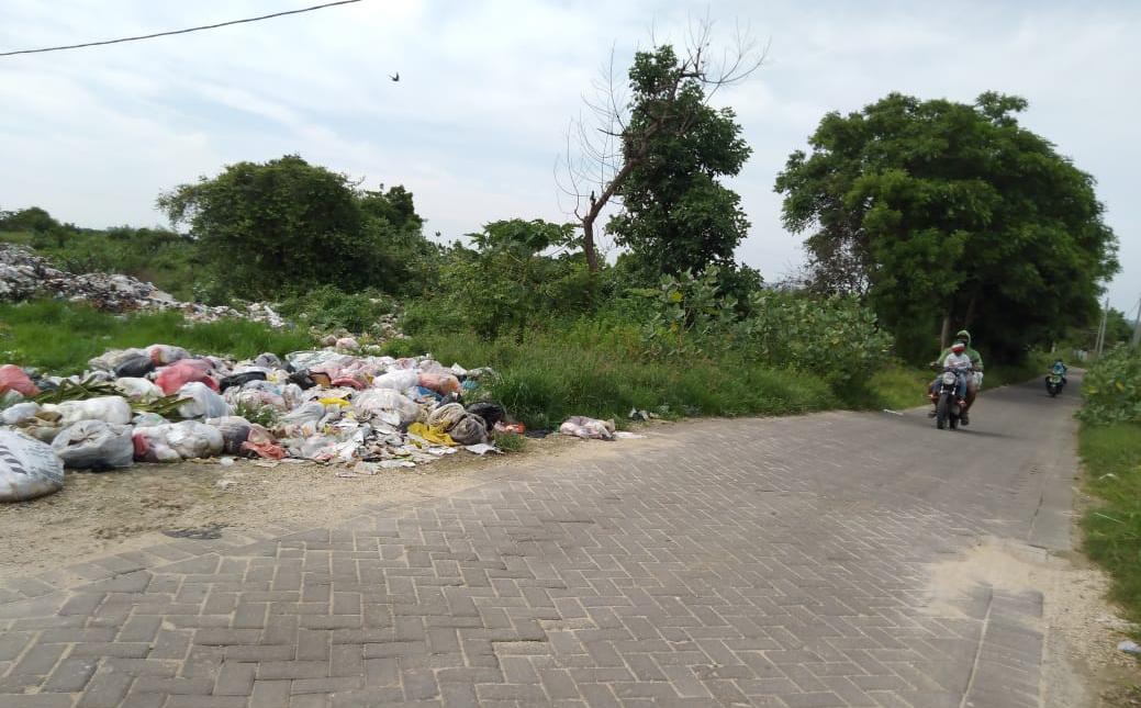 Tumpukan sampah terlihat berserakan di Jalan poros Desa Wadeng, Kecamatan Sidayu. (Istimewa/Radar Gresik)