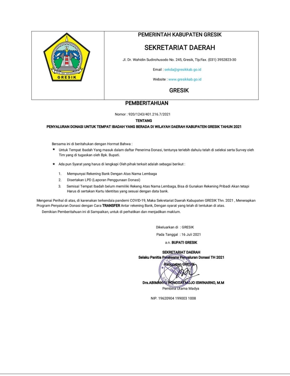 PALSU: Beredar surat bantuan dari Sekda Gresik kepada sejumlah tempat ibadah.