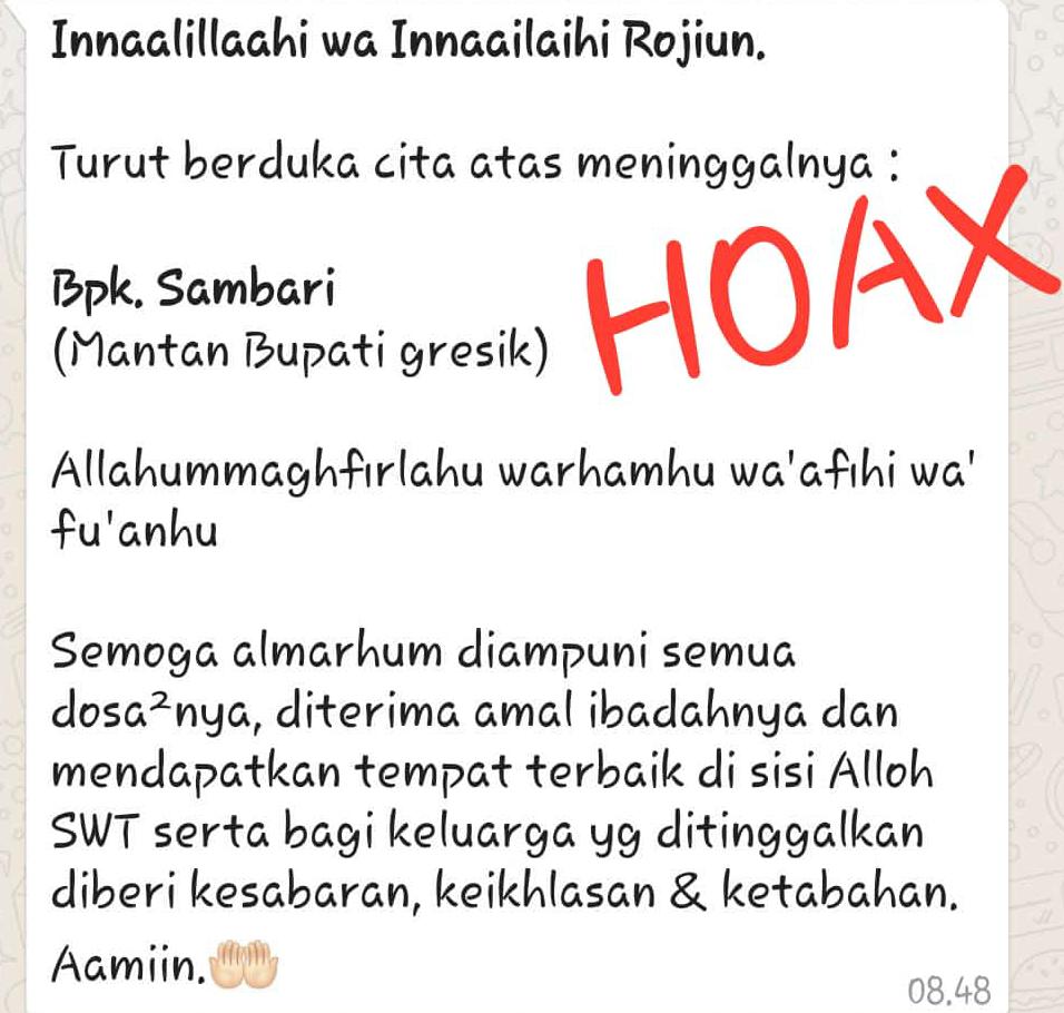 Insert foto : Berita Hoax yang beredar di Medsos. (Istimewa/Radar Gresik)
