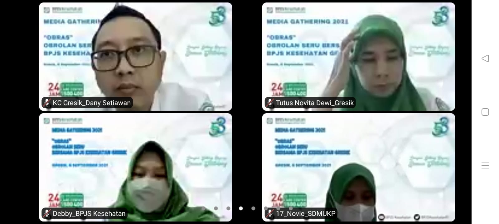 NGOBROL SANTAI: Manajemen BPJS Kesehatan berdiskusi bersama rekan jurnalis melalui zoom meeting membahas terkait perkembangan kepesetaan BPJS Kesehatan. (Fajar/Radar Gresik)