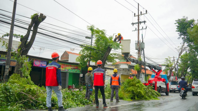 GERAK CEPAT : PLN UP3 Gresik bantu DLH rapikan pohon untuk menjaga keandalan listrik dan estetika kota. (Firman/ Radar Gresik)
