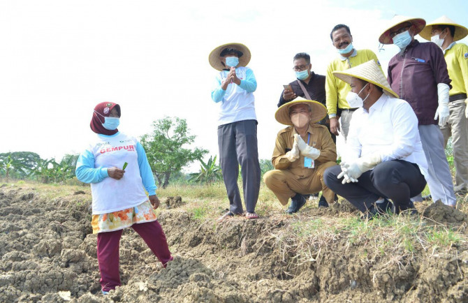 BERI DORONGAN: Bupati Gresik Fandi Akhmad Yani bersama Kadispertan Eko Anandito saat memberikan bantuan pupuk cair kepada petani. (Rofiq/Radar Gresik)