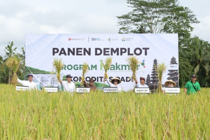 PANEN MELIMPAH : Direktur Operasi dan Produksi PG, Digna Jatiningsih (empat dari kanan) bersama Koordinator Staf Khusus Presiden, Ari Dwipayana (tiga dari kiri) melakukan Panen Demplot Program Makmur. (istimewa/radar gresik)