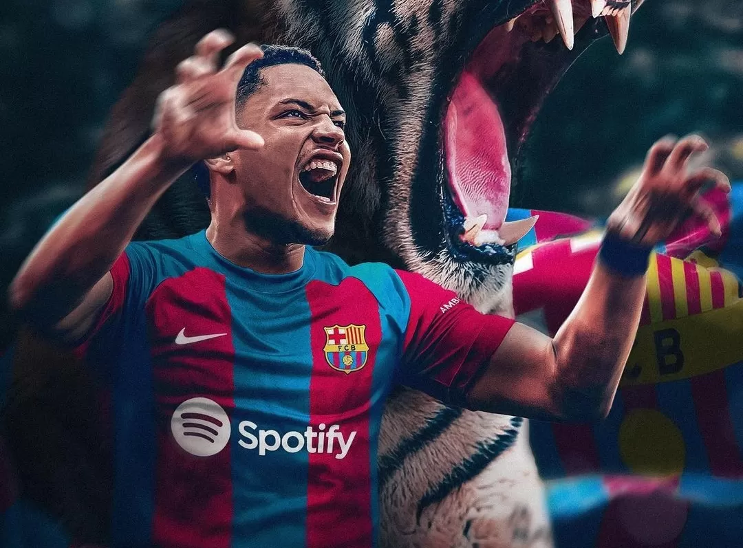 Poster Victor Roque menggunakan jersey Barcelona.
