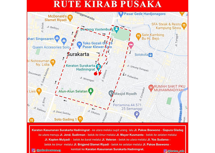 Rute kirab pusaka peringatan Malam 1 Sura Keraton Kasunanan Surakarta.