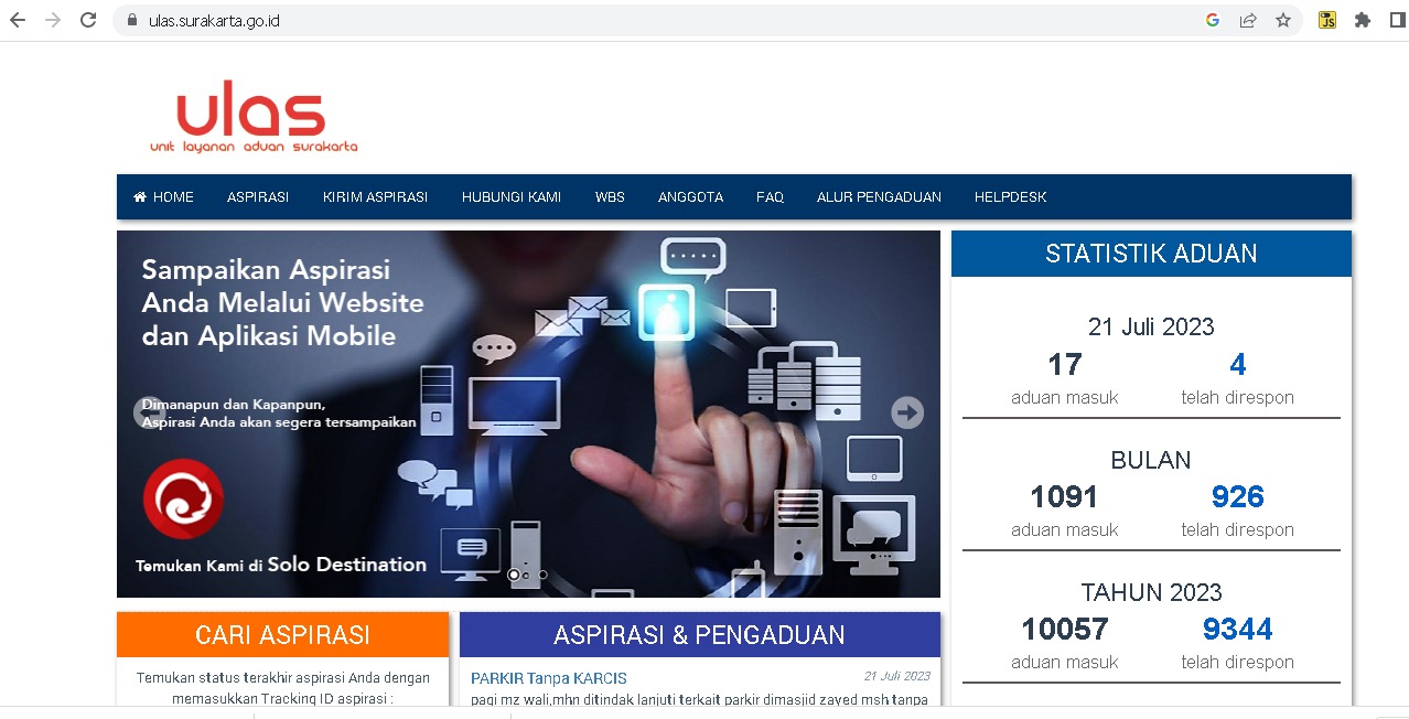 Ilustrasi website unit layanan aduan Surakarta (Ulas) milik Pemkot Surakarta yang dimanfaatkan salah seorang warga untuk melaporkan aksi pembegalan yang ia alami di kawasan utara Keraton Kasunanan.