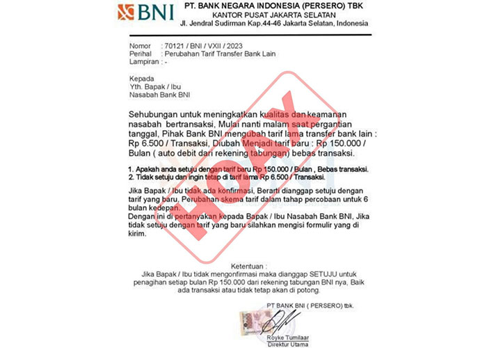 BNI pastikan informasi mengenai kenaikan biaya transaksi dipastikan adalah palsu atau hoax, yang dilakukan pelaku penipuan.