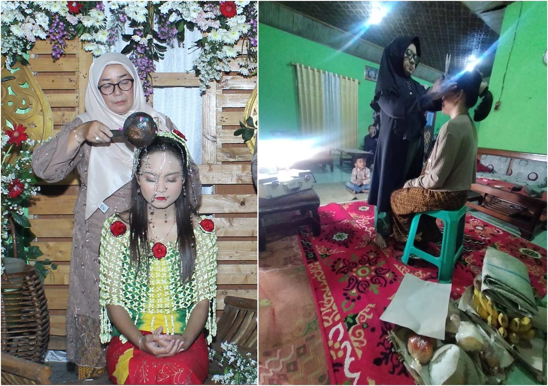SAKRAL: Sumarni Sutrisno, perias pengantin adat Jawa memandikan mempelai perempuan. (foto kanan) Persiapan mempelai perempuan untuk melakoni tahapan pernikahan adat Jawa.