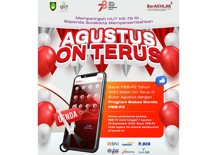 Program hapus denda PBB-P2 Agustus On Terus digelar Bapenda Solo mulai 7 Agustus hingga 30 September 2023.&nbsp;