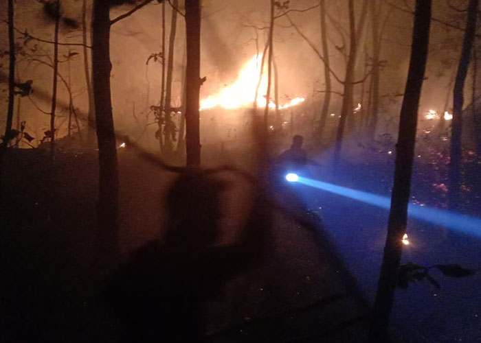 Warga berupaya memadamkan api yang membakar kawasan objek wisata Platar Ombo di Dusun Baseng, Desa Gentan, Kecamatan Bulu, Sukoharjo, Kamis (11/8).