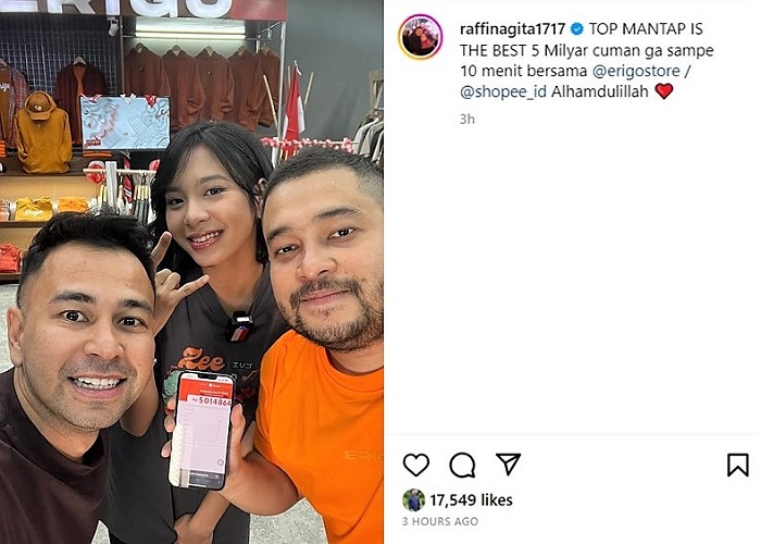 Prestasi ditorehkan Erigo bersama Raffi Ahmad saat live streaming di Shoppe Live dengan catatkan omzet Rp 5 miliar kurang dari 10 menit.