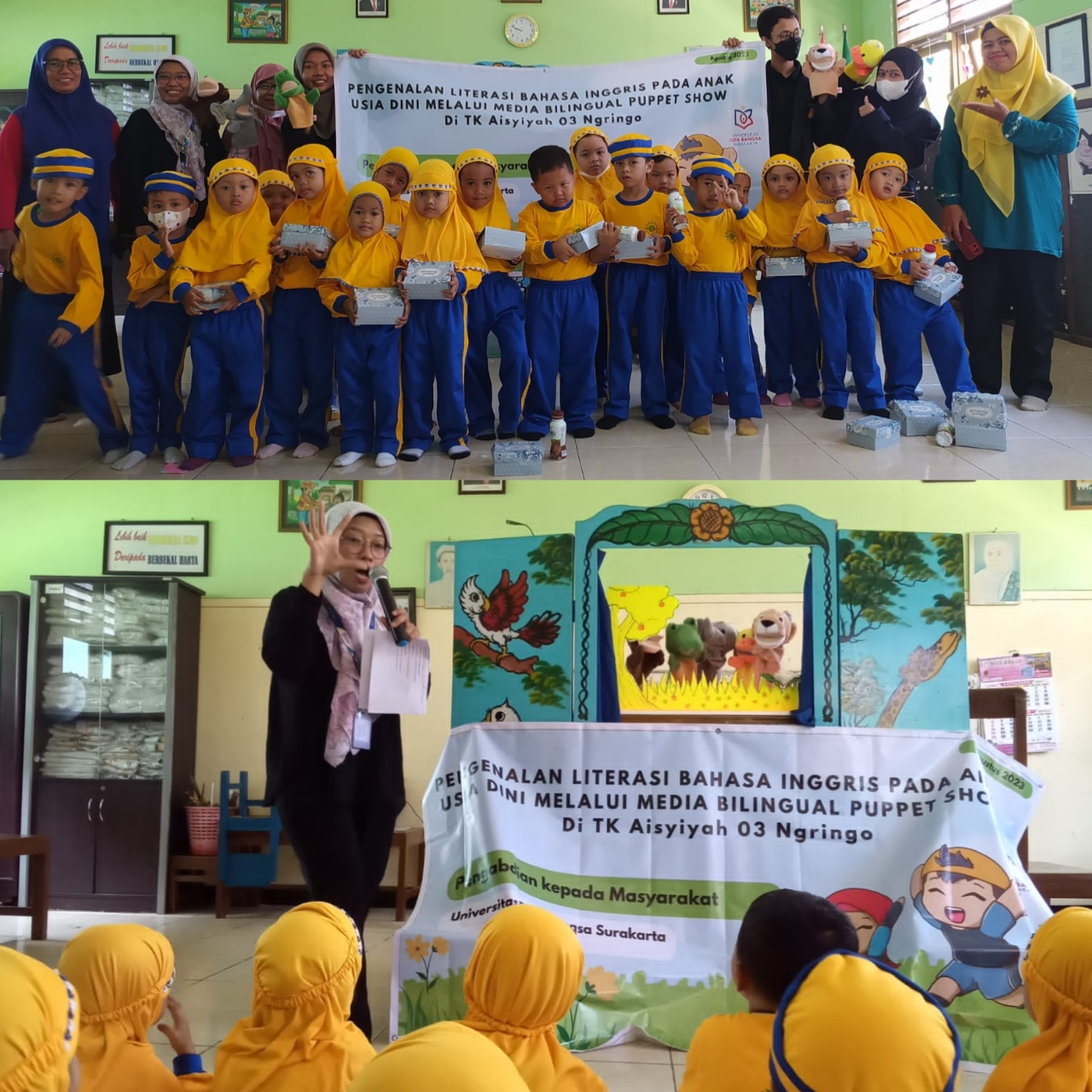 Bilingual Puppet Show yang digelar dosen dan mahasiswa Prodi Bahasa Inggris Universitas Duta Bangsa Surakarta di TK Aisyiyah 03 Ngringo, Jumat (1/9).