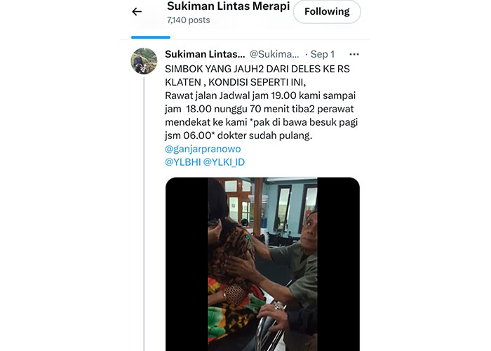 Tangkapan layar curhatan warga atas layanan rumah sakit di Klaten lewat akun X @SukimanMerapi.