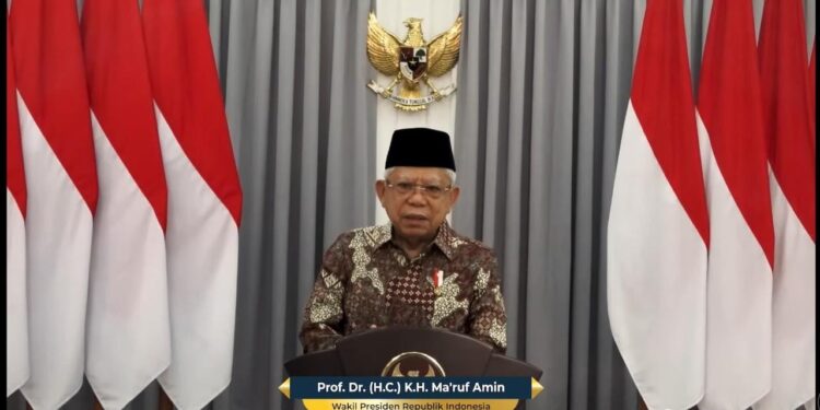 Wakil Presiden KH Ma&rsquo;ruf Amin saat memberikan sambutannya secara daring pada acara LPPOM MUI Halal Award 2023, kemarin