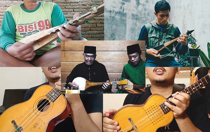 Ilustrasi alat musik Kacaping, Kulcapi, Cak, Cuk, dan Gambus (searah jarum jam).