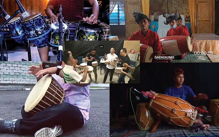 Alat Musik Perkusi dari Indonesia: (searah jarum jam) Ketipung, Gandrang, Kendang/Gendang, Benano, Marwas (tengah).