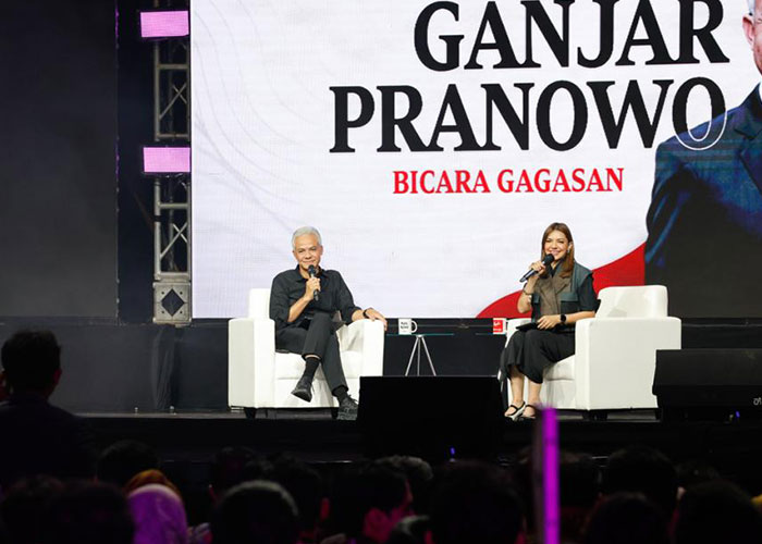 Bakal capres Ganjar Pranowo saat tampil di 3 Bacapres Bicara Gagasan yang dipandu Najwa Shihab di UGM Jogja, Selasa (19/9) malam.