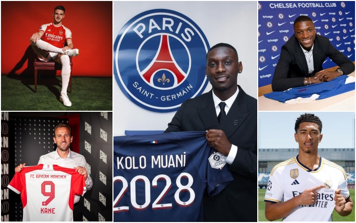 Lima pemain termahal musim ini. (Searah jarum jam) Declan Rice, Moises Caicedo, Jude Bellingham, Harry Kane, Radal Kolo Muani (tengah).