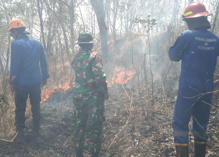 Petugas gabungan padamkan api yang membakar lahan kosong di Dusun Tileng, Desa Sanggang, Kecamatan Bulu, Sukoharjo.