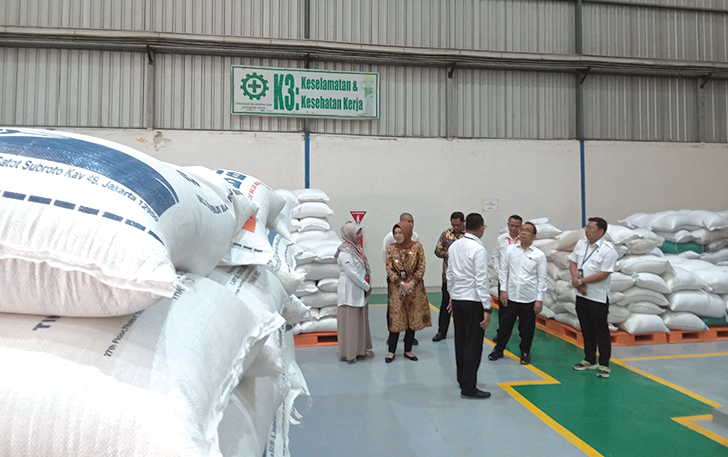 PANTAUAN: Bupati Sukoharjo Etik Suryani bersama Bulog mengecek stok beras di Gudang Bulog Telukan, Kecamatan Grogol, beberapa waktu lalu.