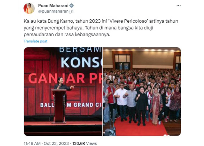 Cuitan Ketua DPP PDIP Puan Maharani di medsos X, yang terkenang perkataan Bung Karno.