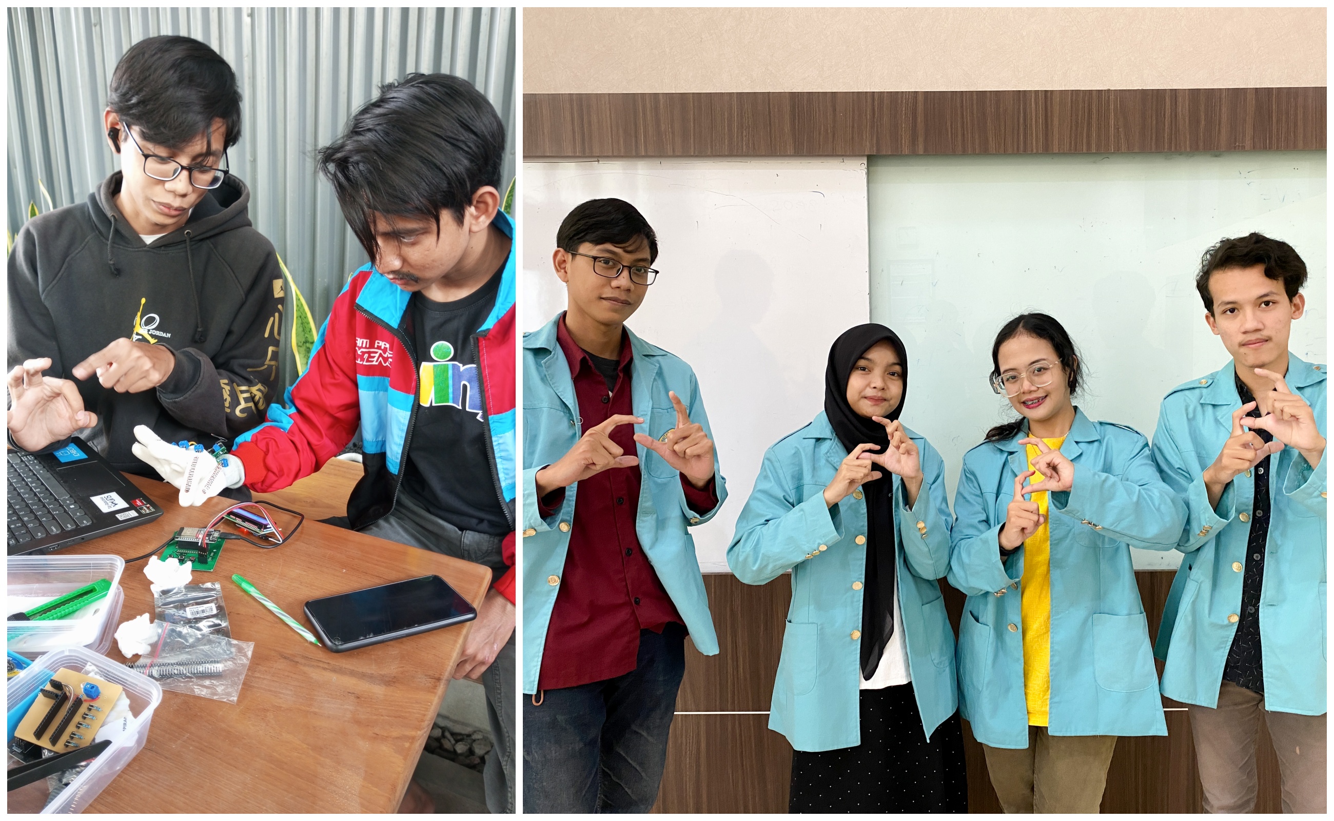 (Foto Kiri) Sejumlah mahasiswa membuat sarung tangan penerjemah bahasa isyarat. (foto kanan) Mahasiswa ajarkan kepada disabilitas tunarungu wicara menggunakan sarung tangan penerjemah bahasa isyarat.