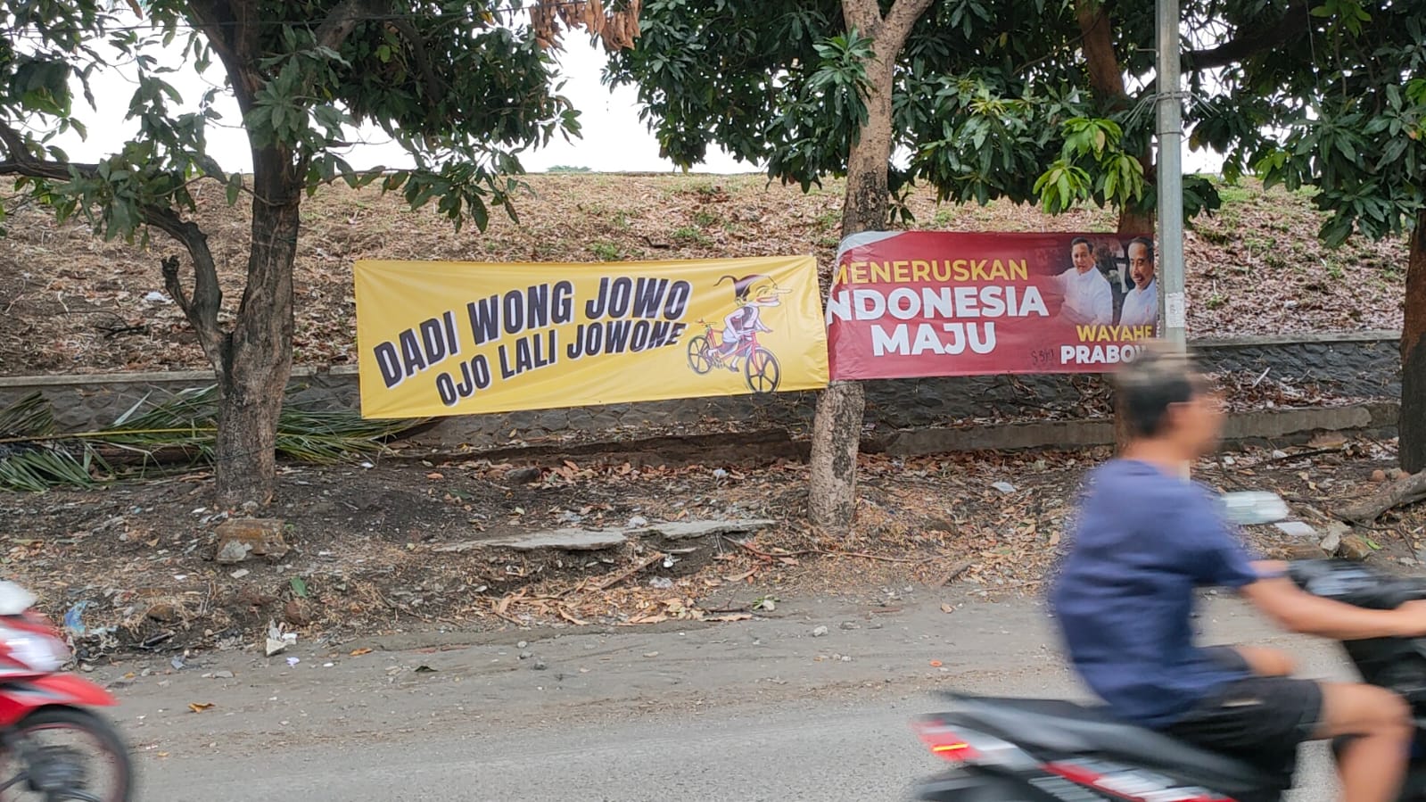 Spanduk warna kuning bertuliskan Dadi Wong Jowo Ojo lali Jowono bersanding dengan spanduk bergambar Jokowi-Prabawo di Jalan Ahmad Yani, Kota Solo, Kamis (26/10/2023)