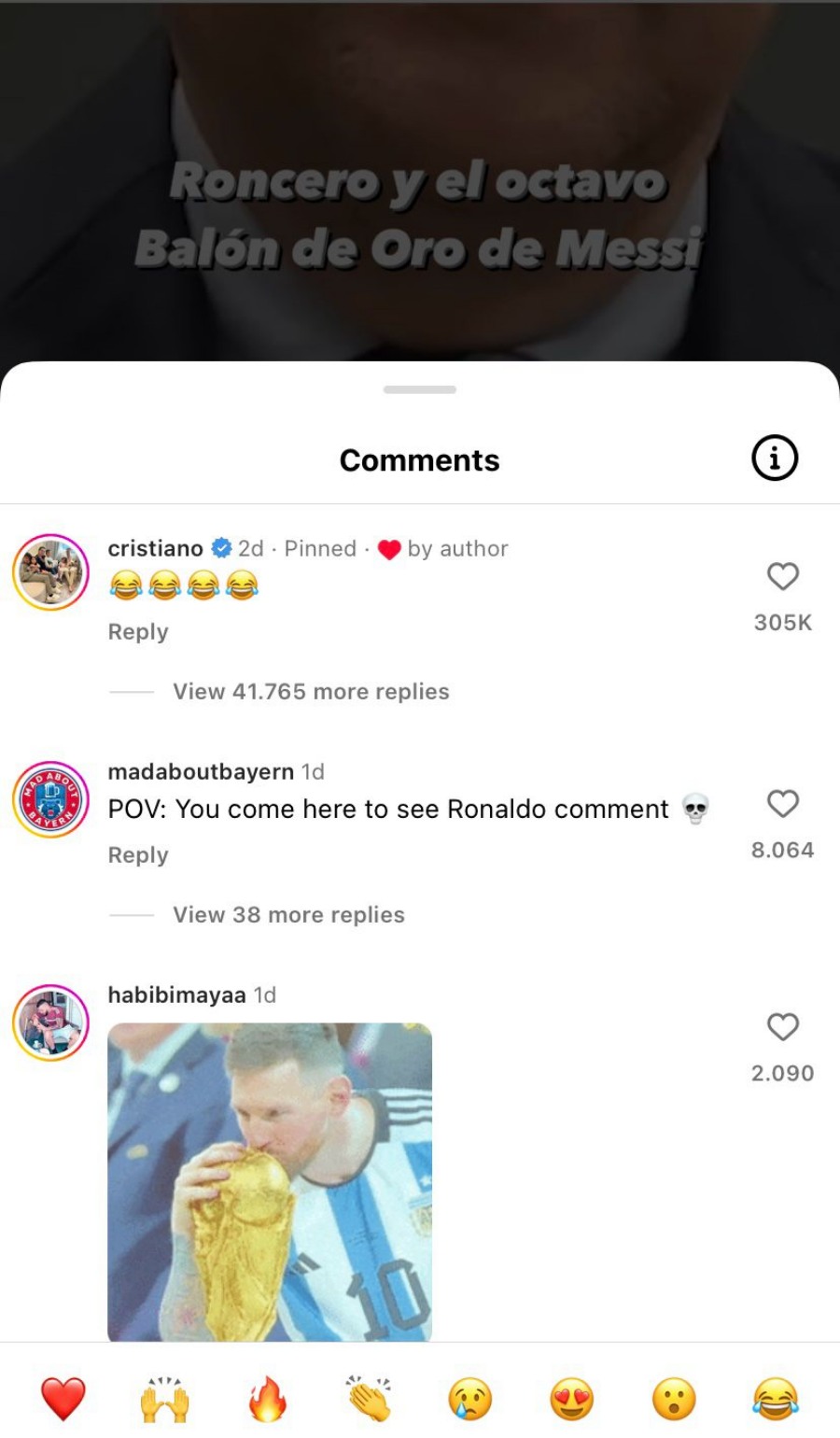 Komentar Cristiano Ronaldo di postingan jurnalis yang membahas tentang perolehan Ballon D